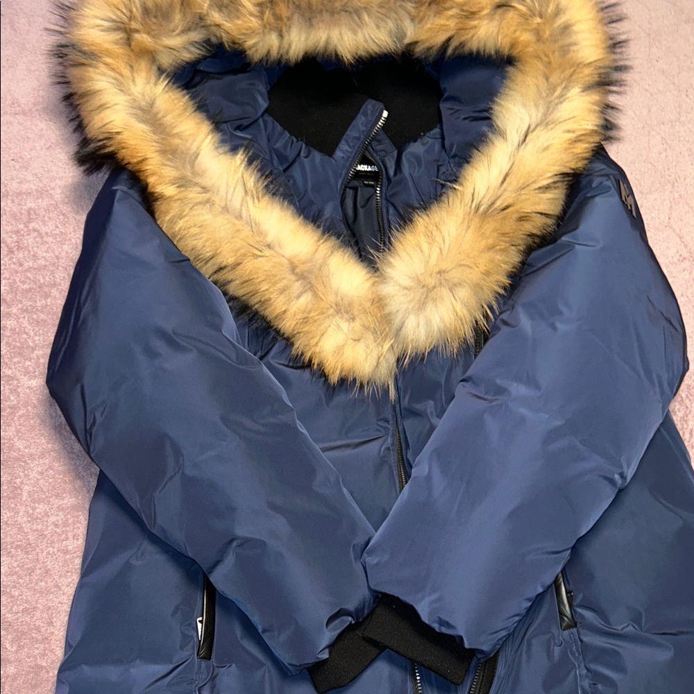 Mackage Blue Jacket with Fur Trim
